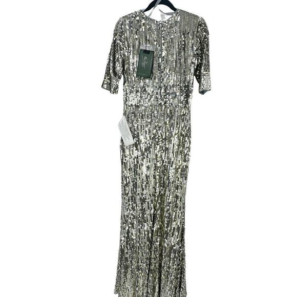 Mac Duggal Platinum Gold Silver Sequined V Neck Gown Dress Size 10 NWT - Picture 6 of 12